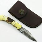 Handmade Damascus Steel Folding Lockback Pocket Knife Stag horn Handle
