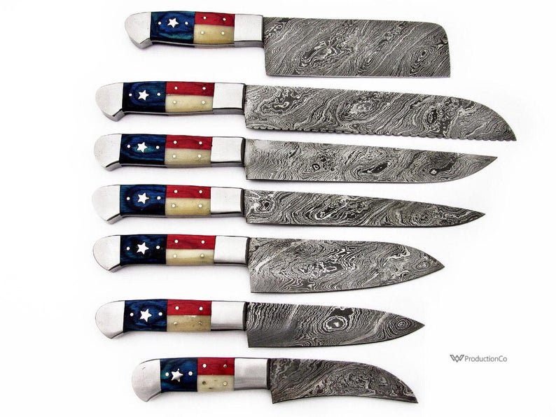 Custom Hand Made Damascus Steel #7 Pcs of Texas Flag Handle Kitchen knives Set