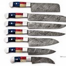 Custom Hand Made Damascus Steel #7 Pcs of Texas Flag Handle Kitchen knives Set