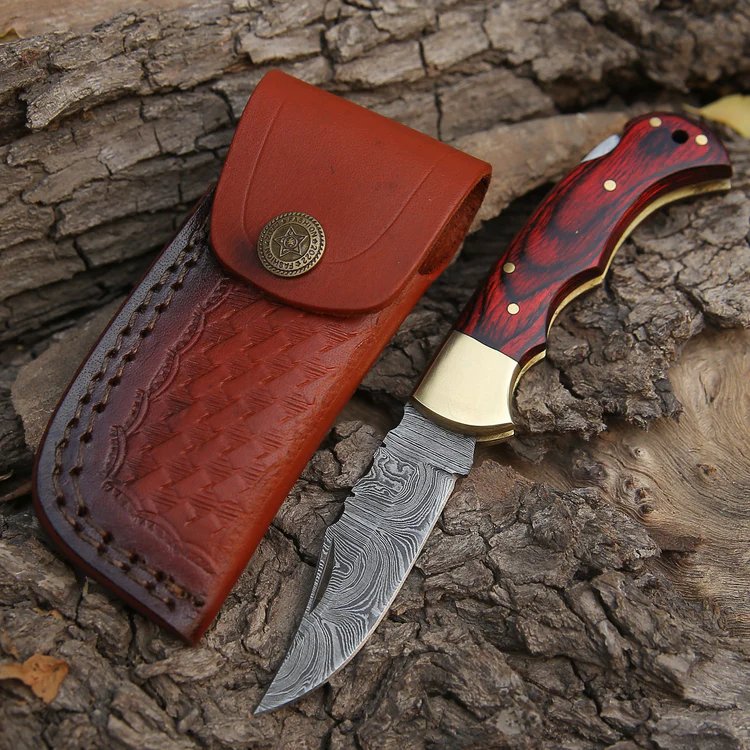 Custom Handmade Damascus Steel Pocket Folding Knife Stained Wood Handle With Leather Sheath