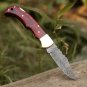 Custom Handmade Damascus Steel Pocket Folding Knife Stained Wood Handle With Leather Sheath