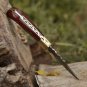 Custom Handmade Damascus Steel Pocket Folding Knife Stained Wood Handle With Leather Sheath