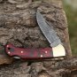 Custom Handmade Damascus Steel Pocket Folding Knife Stained Wood Handle With Leather Sheath