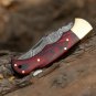 Custom Handmade Damascus Steel Pocket Folding Knife Stained Wood Handle With Leather Sheath