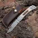Back Lock 9" Handmade Damascus Steel Pocket Knife Stag Antler Handle Engraved clips Folding Knife