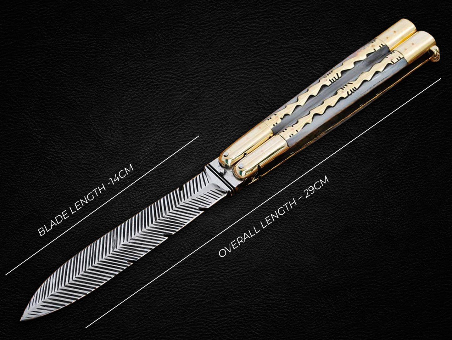 PERSONALIZED MONARCH D2 TOOL HIGH CARBON FOLDING KNIFE BRASS WITH BONE INSERTS WITH LEATHER SHEATH