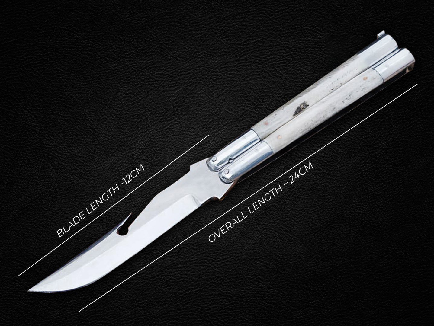 PERSONALIZED D2 TOOL STEEL FOLDING KNIFE STAINLESS STEEL WITH BONE INSERTS WITH LEATHER SHEATH