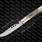 PERSONALIZED HANDMADE D2 TOOL STEEL FOLDING KNIFE BRASS WITH JIGGED BONE INSERTS WITH LEATHER SHEATH