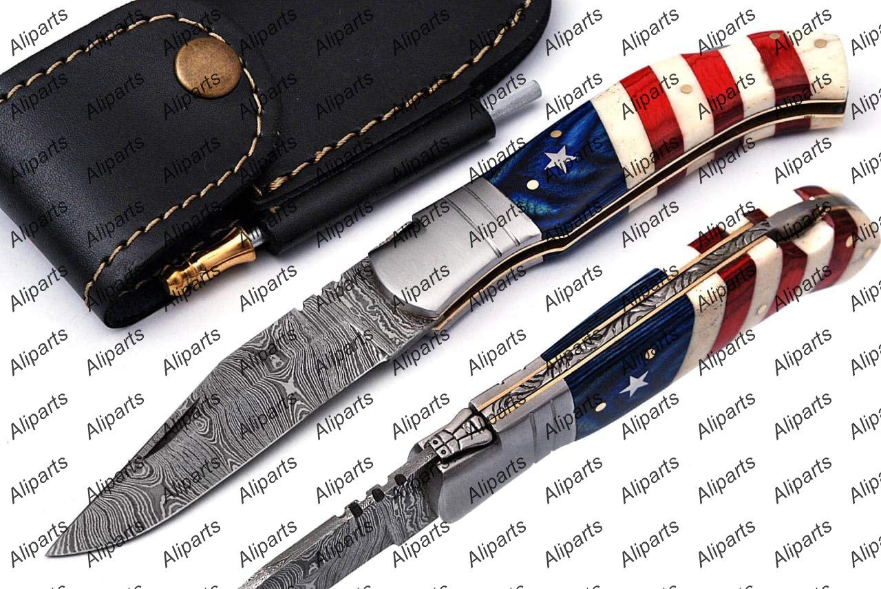 American Flag Custom Handmade Damascus Steel Blade Camping Hunting Pocket Folding Knife+ Sheath