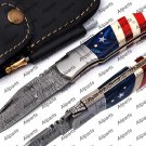 American Flag Custom Handmade Damascus Steel Blade Camping Hunting Pocket Folding Knife+ Sheath