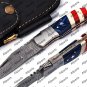 American Flag Custom Handmade Damascus Steel Blade Camping Hunting Pocket Folding Knife+ Sheath
