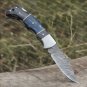 Handmade Damascus Steel Hunting Pocket Knife Camping Folding Blade Black Blue Dollar Sheet Handle