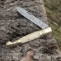 Hand Forged Damascus Steel Camel Bone Handle Pocket Knife With Genuine Cow Sheath