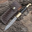 Hand Forged Damascus Steel Bull Horn Handle Pocket Knife With Genuine Cow Sheath