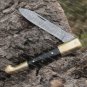 Hand Forged Damascus Steel Bull Horn Handle Pocket Knife With Genuine Cow Sheath