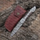 8" Handmade Dark Wood Handle Folding Pocket Knife With Engraved Frame Work With Leather Sheath