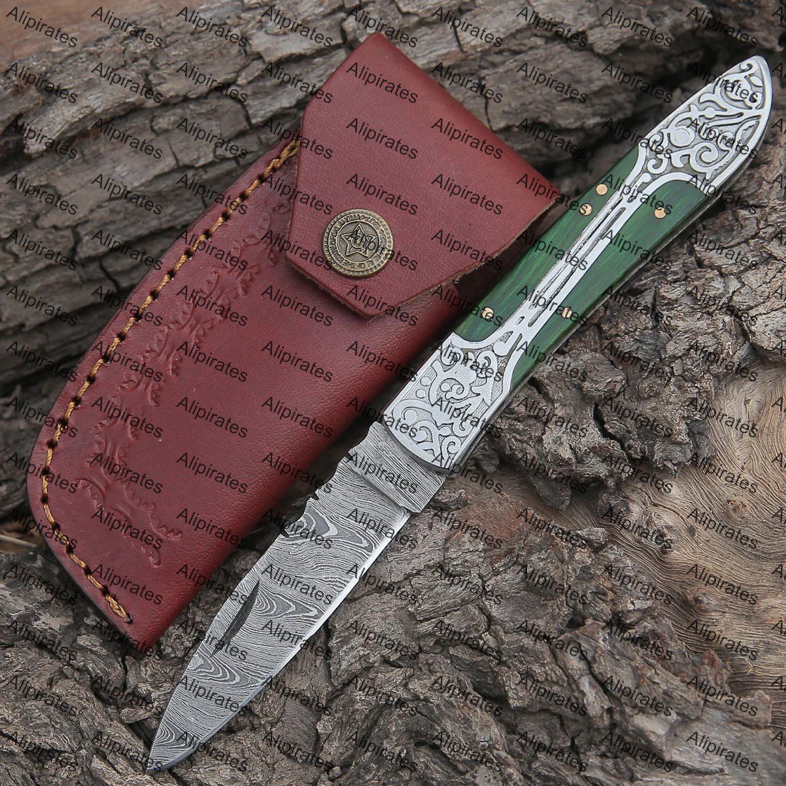 8 Handmade Green Dollar Sheet Handle Folding Pocket Knife With Engraved Frame Work + Leather Sheath
