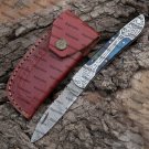 8" Handmade Blue Dollar Sheet Handle Folding Pocket Knife With Engraved Frame Work+ Leather Sheath