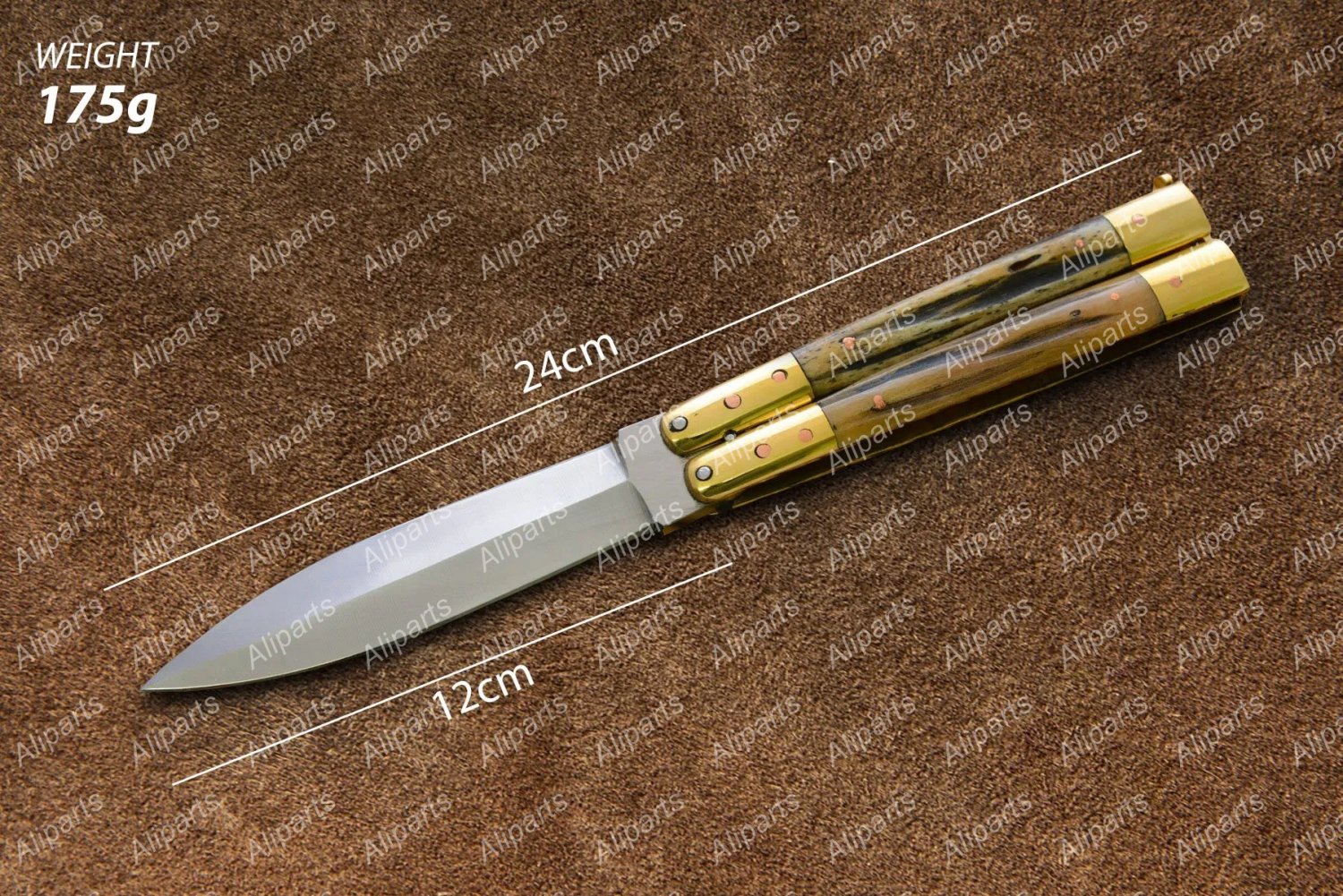 Personalized D2 Tool Steel Folding Butterfly Stainless Steel Brass with Bone Inserts +Leather Sheath