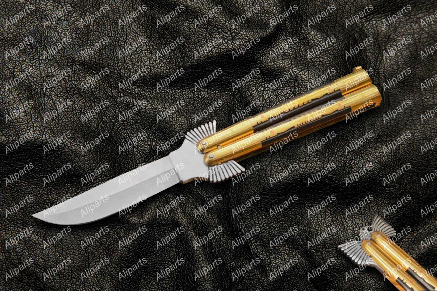 Personalized D2 Tool Steel Folding Butterfly Stainless Steel Ebony Wood Inserts with Leather Sheath