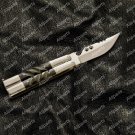 Personalized High Carbon Steel Folding Butterfly Stainless Steel with Ram Horn Insert+leather Sheath