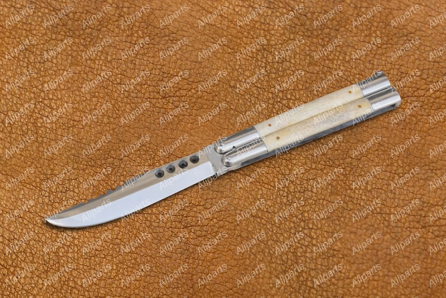 Personalizedd2 Tool Steel Folding Butterfly Stainless Steel Dye Bone Inserts Knives + Leather Sheath