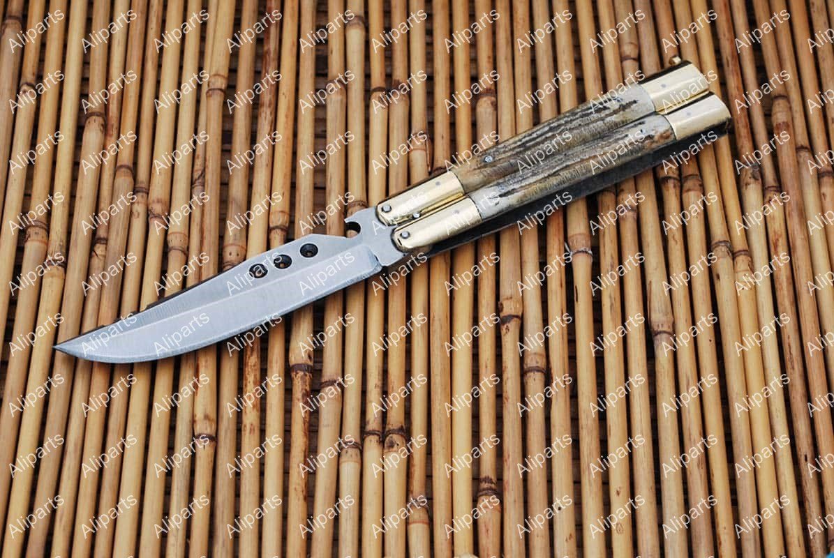 Custom Handmade D2 Tool Steel Original Folding Butterfly Knife World Class Knives + Leather Sheath