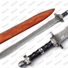 Custom Handmade Damascus Steel Sword With Stained Wood Handle + Leather Sheath