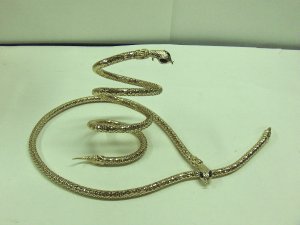 USED - Gold Tone Serpent Necklace & Spiral Bracelet w/ Green Jewel Eyes Greek, Egyptian, Goddess