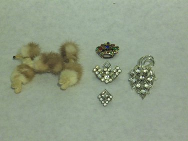 MIXED LOT T - 5 Pins mixed eras, Mink fur, rhinestones, silver & gold tone