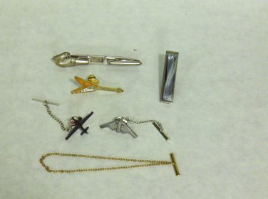 MIXED LOT T: 6 Vintage Tie Pins: Clasp, Chain and Tack Style, Silver & Gold Tones