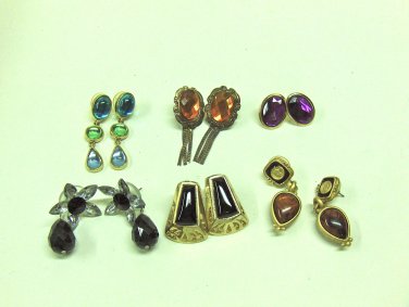 MIXED LOT G:  6 pairs Pierced Earrings, gold tone, black, brown, gems