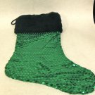 NEW - Unique Green Sequin Christmas Stocking w/Faux Black Fur Trim, Fully Lined
