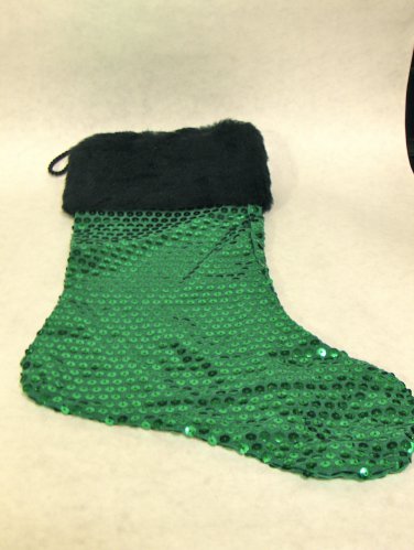 NEW - Unique Green Sequin Christmas Stocking w/Faux Black Fur Trim, Fully Lined