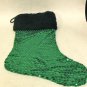 NEW - Unique Green Sequin Christmas Stocking w/Faux Black Fur Trim, Fully Lined