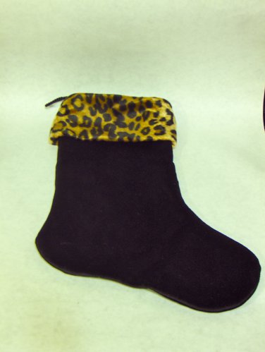 NEW - Unique Black Velvet Christmas Stocking w/Faux Leopard Fur Trim, Fully Lined