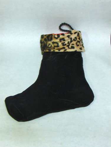 NEW - Unique Black Velvet Christmas Stocking w/Faux Leopard Fur Trim, Fully Lined
