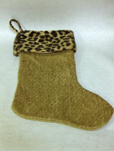 NEW - Unique Camel Chenille Christmas Stocking w/Faux Leopard Fur Trim, Fully Lined