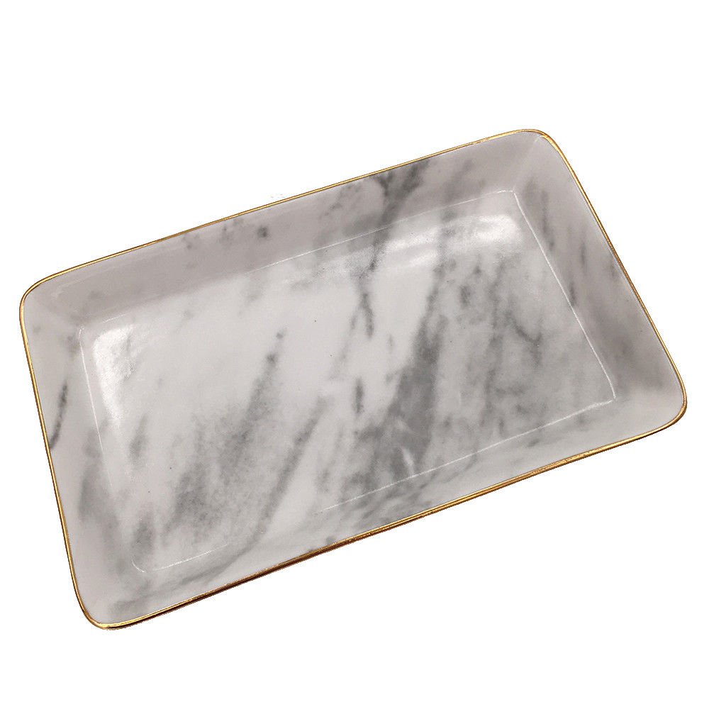Marble Gold Edge Ceramic Serving Platter,Jewelry Cosmetic Organizer Storage Tray