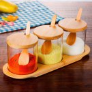 Glass Seasoning Box Set,Salt Sugar Pepper Jar Container with wood Cover Pedestal