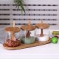 Glass Seasoning Box Set,Salt Sugar Pepper Jar Container with wood Cover Pedestal