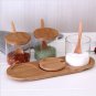 Glass Seasoning Box Set,Salt Sugar Pepper Jar Container with wood Cover Pedestal