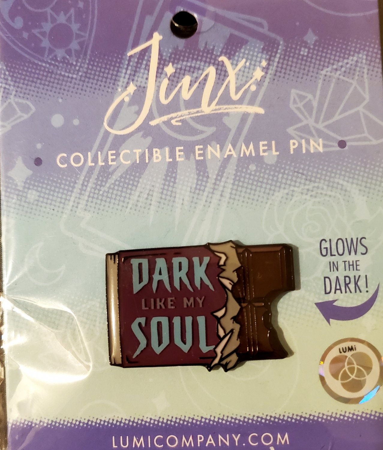 Jinx pin Dark like my soul chocolate candy bar enamel pin Lumi company