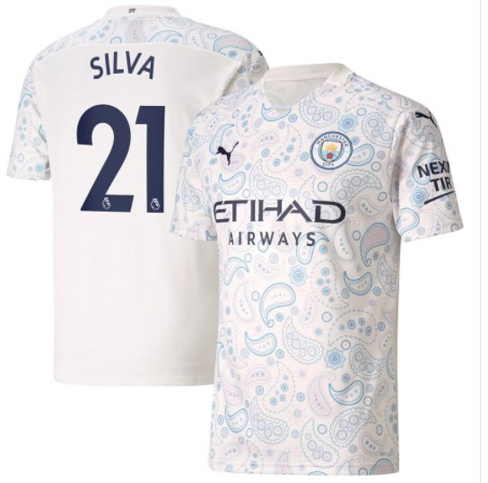 SILVA Manchester City 20 21 Third Jersey Man City White Stadium Football Shirt
