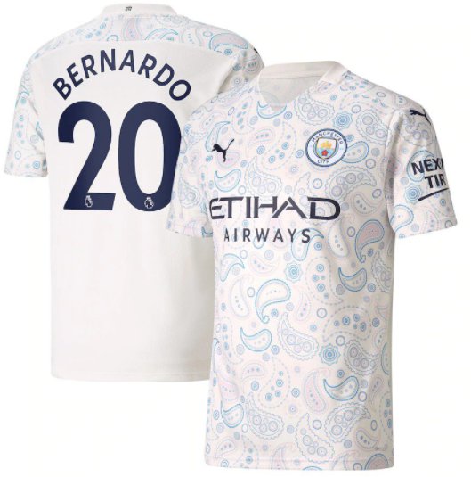 BERNARDO Manchester City 20 21 Third Jersey Man City White Stadium Football Shirt