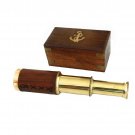 6" Handheld Vintage Brown leather Brass Telescope with Wood Box