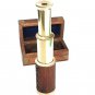 6" Handheld Vintage Brown leather Brass Telescope with Wood Box