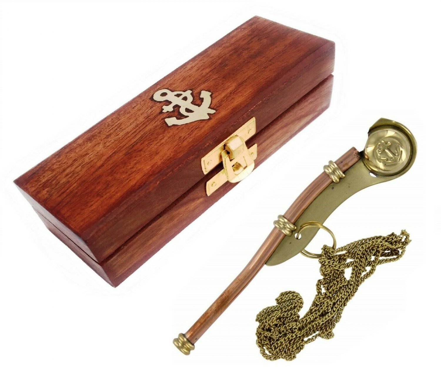 Nautical Brass Boatswain/Bosun pipe whistle chain with wooden box ...