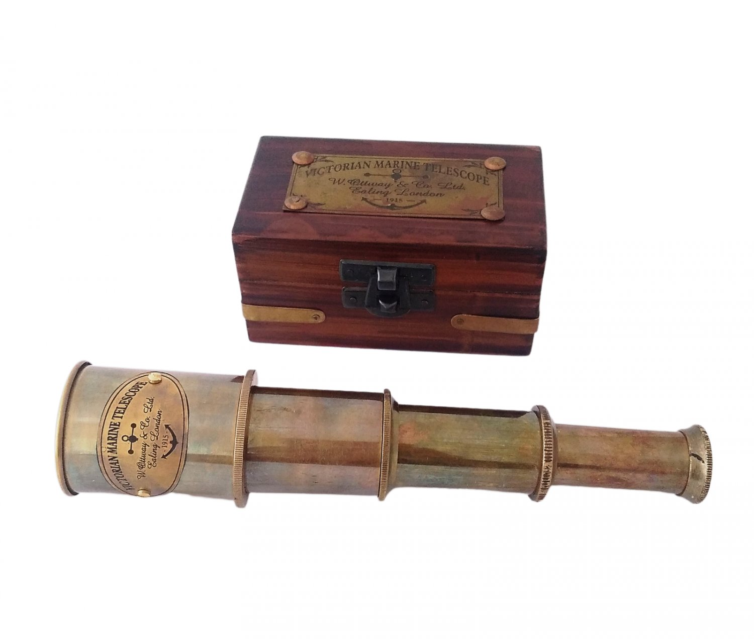 Antique Finish 4 fold 7" Victorian Marine Full Brass Telescope with Wood Box