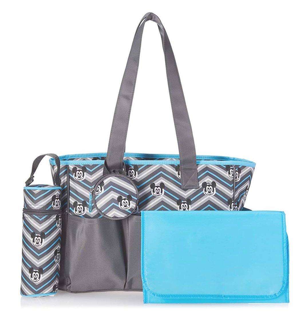 Disney Mickey Mouse Triple Pocket Multi Piece Diaper Bag Set, Chevron Print, Grey/Blue